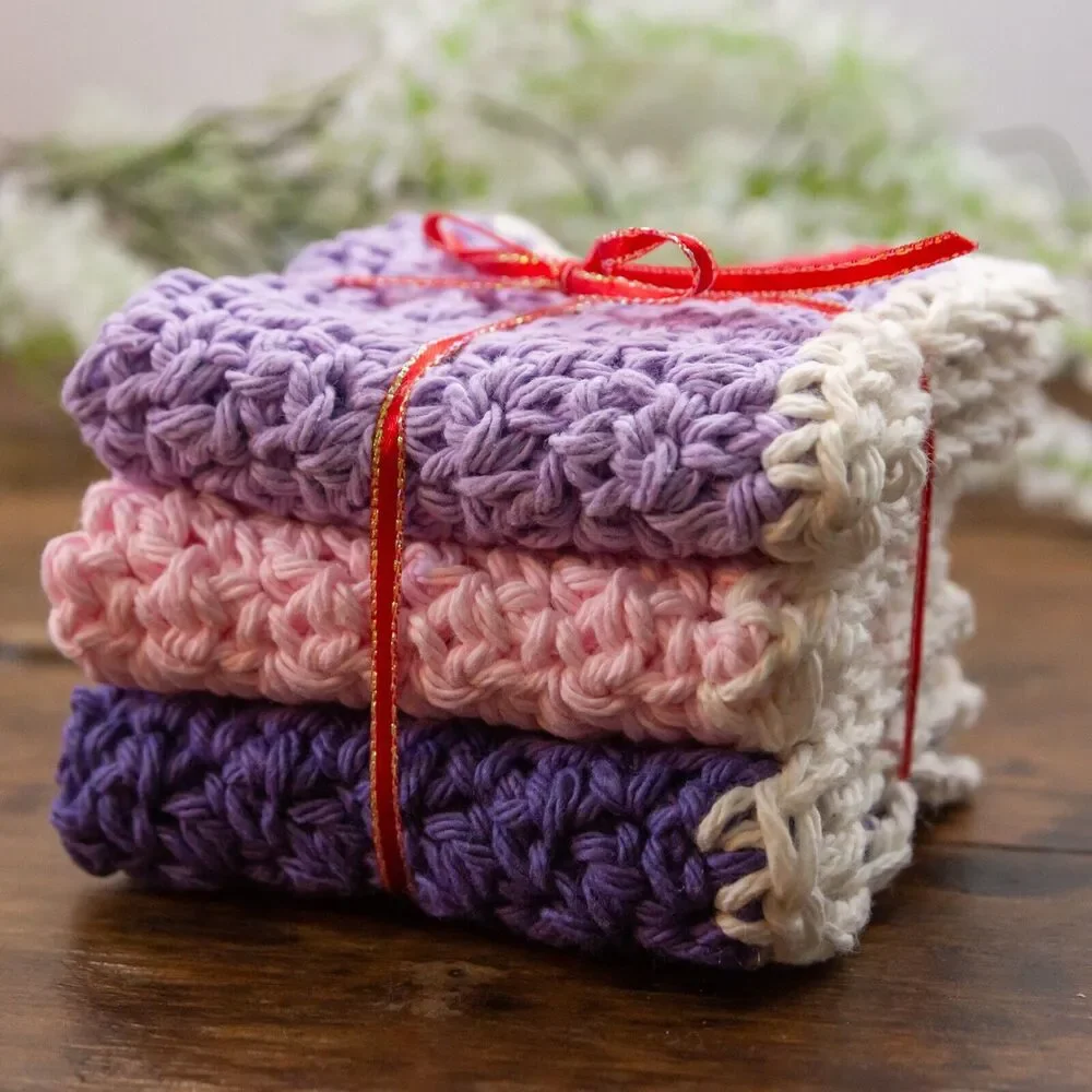 Baby Girls Shower Gift HANDMADE Crochet Set of 3 Pink Purple Soft Wash Cloths
